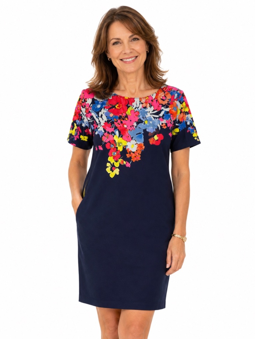 LOFT Colorpop Navy Shift Dress Bright Floral Print Short Sleeve Work Party Med